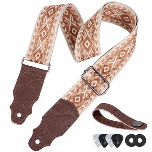 Head Layer Cowhide Leather Guitar Strap, 2" Wide, 2 Locks, 4 Picks Included — Brown