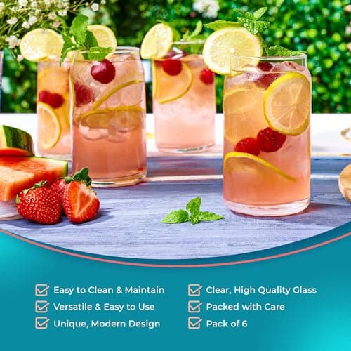 Can Shaped 16oz Glass Cups - 6 Pack Clear Beer Glasses, Stackable, Aesthetic Kitchen Drinkware