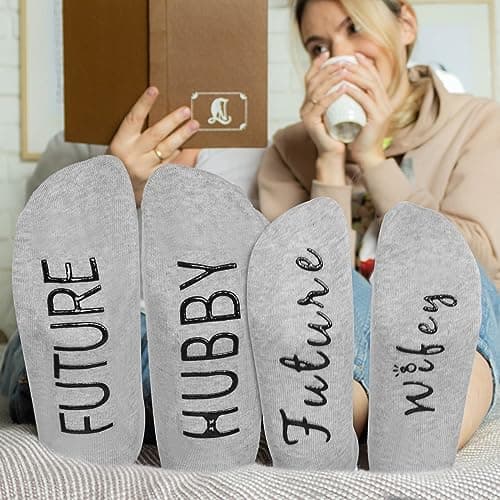 Engagement Gifts for Couples - Wine and Whiskey Glass Set, Socks, Candle, Greeting Card