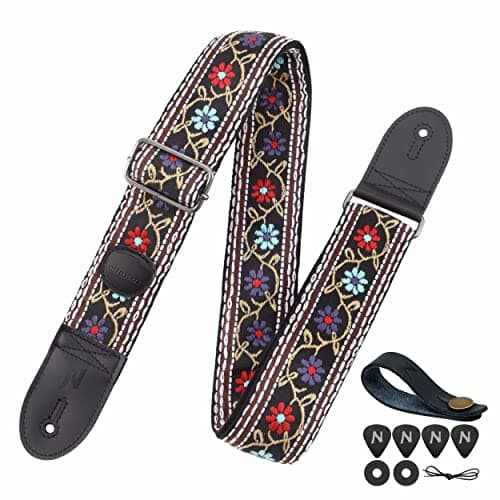 Nefelibata Guitar Strap with Pick Pocket for Bass, Electric, and Acoustic Guitars — Colorful Flower String