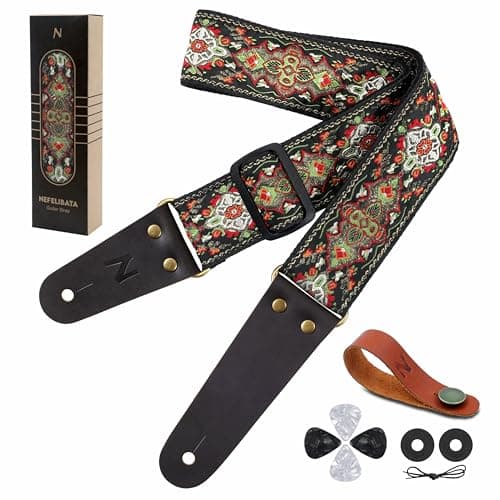 Guitar Strap with Flower Embroidery for Bass, Electric & Acoustic Guitars — Green Shield