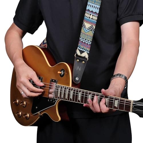 Nefelibata Vintage Cotton Guitar Straps with Cowhide Ends, 2 Locks & 4 Picks