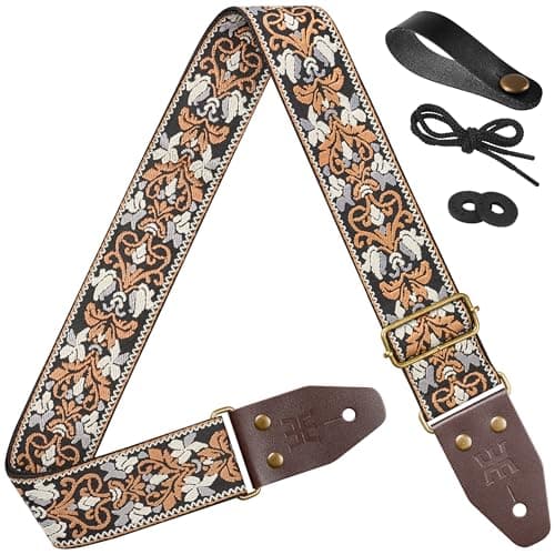 Amumu Black Brown Spade Heart Embroidery Vintage Guitar Strap