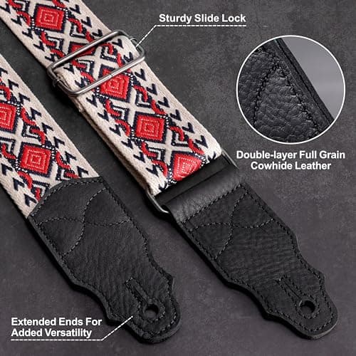 Cowhide Leather Guitar Strap, 2 Inches Wide, 2 Locks & 4 Picks