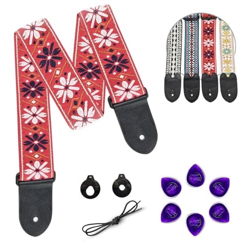 Embroidered Jacquard Guitar Strap for Electric & Acoustic Guitars — Red