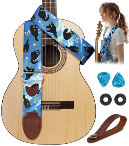 Cool Long Adjustable Acoustic Guitar Strap for Ukulele, Bass, & Classical Electric Guitars — Blue Cats