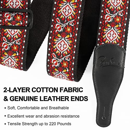 Jacquard Embroidered Cotton Guitar Strap with Leather Ends for Bass, Acoustic, Electric