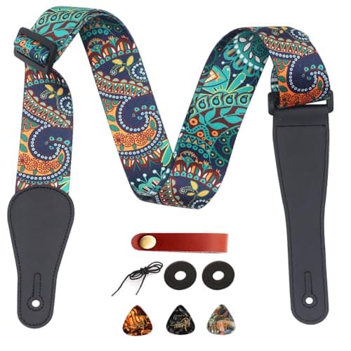 RAUYIVANY Leather Ends Guitar Strap, Adjustable Length, 2 Locks, 2 Buttons, 3 Picks, Gifts for Guitarists