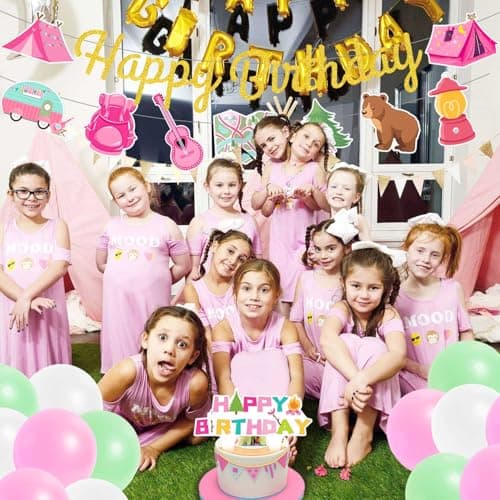 Pink Camping Birthday Banner for Girls - Happy Camper Adventure Supplies
