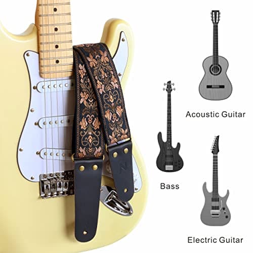 Nefelibata 2" Jacquard Embroidery Guitar Strap, Full Grain Leather Ends, Hidden Pocket, Bass, Electric & Acoustic Guitar