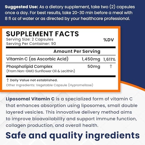 Liposomal Vitamin C 1450mg 180 Capsules, Ultra Absorption, Supports Immune System, Non-GMO, Vegan