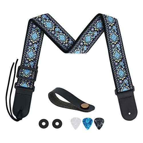 Tifanso Electric/Acoustic Guitar Strap with 3 Pick Holders — Blue Jacquard Weave
