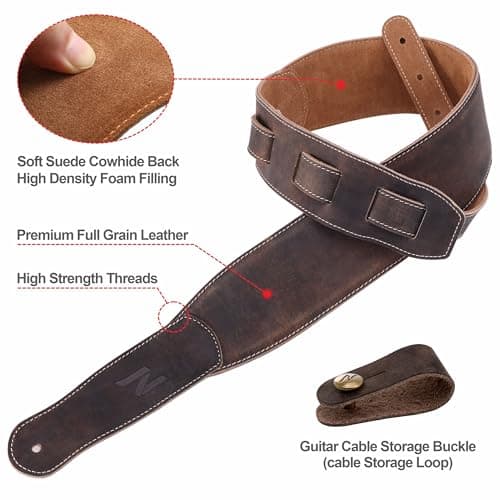 Nefelibata Chocolate Brown 3-Inch Guitar Strap with Foam Padding & Cable Loop