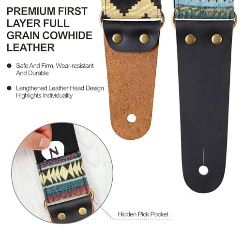 Nefelibata Vintage Cotton Guitar Straps with Cowhide Ends, 2 Locks & 4 Picks
