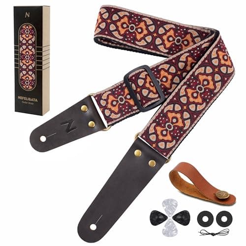 Nefelibata Embroidered Cotton Guitar Strap with Cowhide Ends (Saffron) — Ab#-dragon & Flower