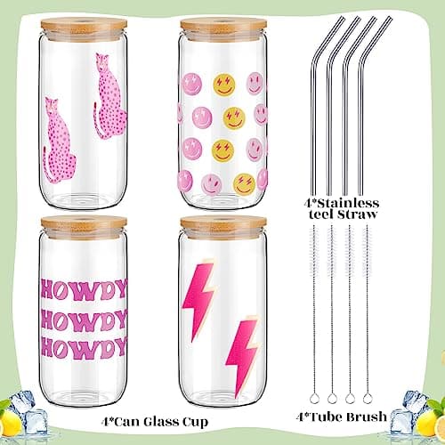 4-Piece Pink Glass Coffee Cup Set with Lids and Straws for Women's Gifts