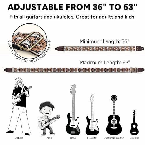 Amumu Black Brown Spade Heart Embroidery Vintage Guitar Strap