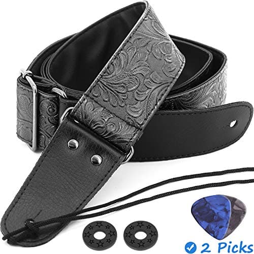 Vintage Black Leather Guitar Strap - PU Western 60's Retro, Genuine Ends, Bass Compatible