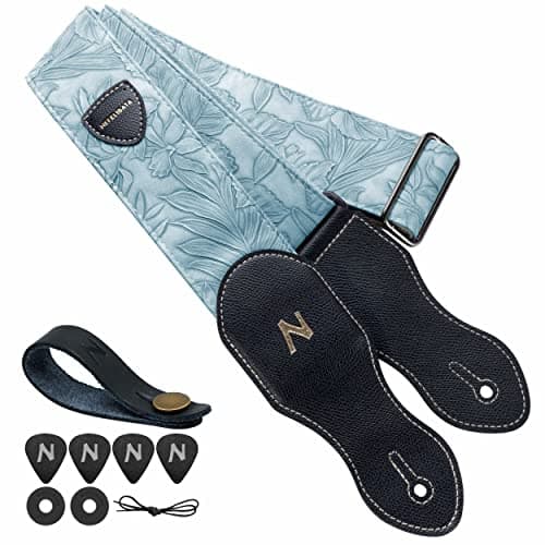 Nefelibata 2.3 Vegan Leather Guitar Strap with Pick Pocket - Vintage 60s Style (Green) — G# - Blue