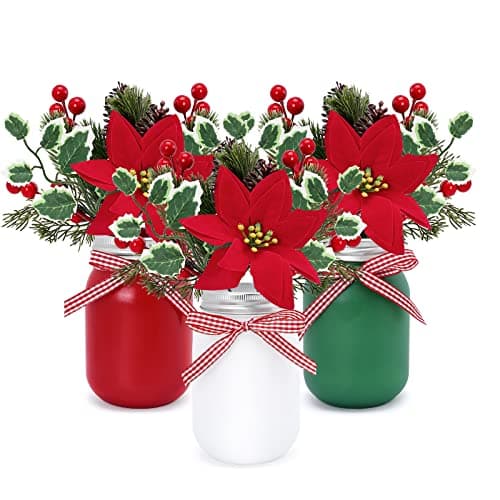 Christmas Mason Jar Centerpiece Set with Faux Poinsettia and Holiday Decor