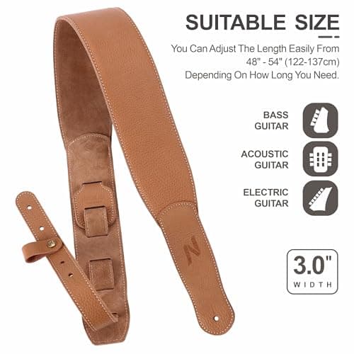 3-Inch Leather Guitar Strap with Padding and Cable Loop for Acoustic, Bass, and Electric Guitars (Tan) - Suitable for Kids, Men, and Women
