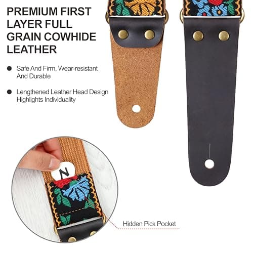 Nefelibata Vintage Jacquard Embroidery Guitar Strap for Electric Acoustic | Full Grain Leather Ends | Free Button & Locks | 2 Picks Included