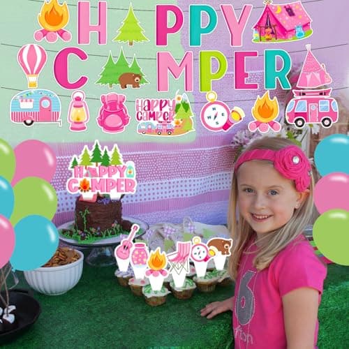 Pink Camping Party Decorations, Happy Birthday Banner & Supplies for Camp-Themed Birthdays