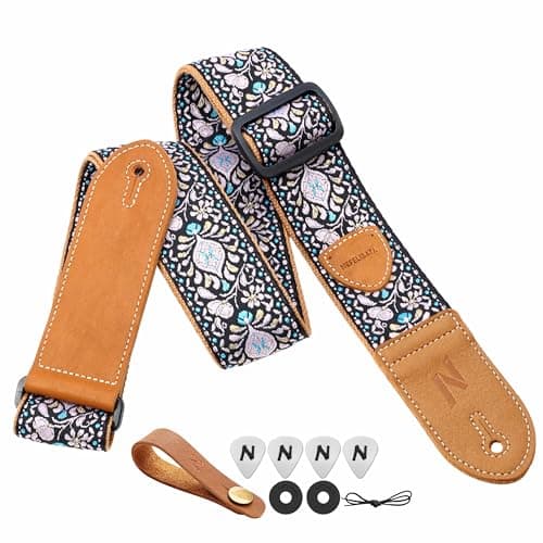 Nefelibata Vintage Woven Guitar Strap, Double Leather Ends, Vintage Blue Gold Embroidery-Free Bonusurities — B#-vintage Pink Yellow Embroidery