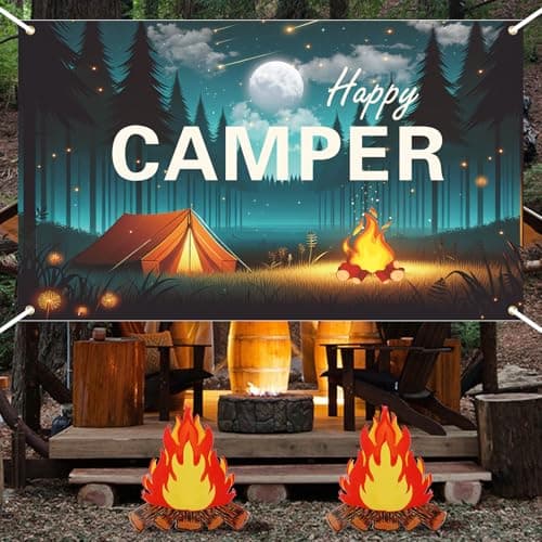 3Pcs Camping-Themed Party Decorations: Happy Camper Banner & Fake Campfire Centerpiece