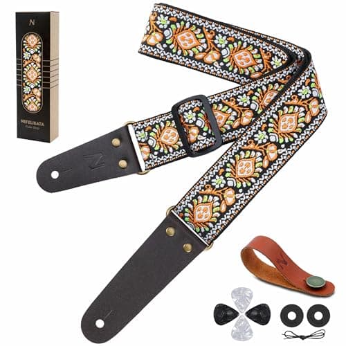 Nefelibata Guitar Strap with Hidden Pocket for Bass, Electric, and Acoustic Guitars — Orange Flowers