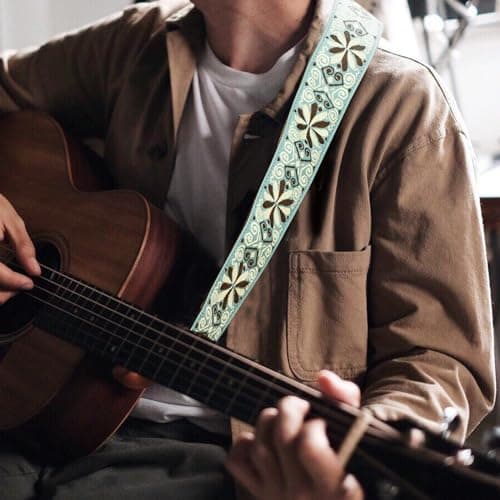 Adjustable 2 Wide Jacquard Embroidery Cotton Guitar Strap with Leather Ends - Includes Locks & Picks