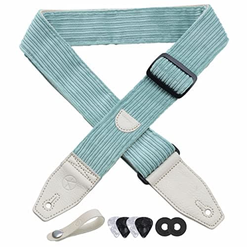 Floral Cotton Guitar Strap 2" Full Grain Leather Ends, Bass/Electric/Acoustic, Free Button & Picks — Mint Green