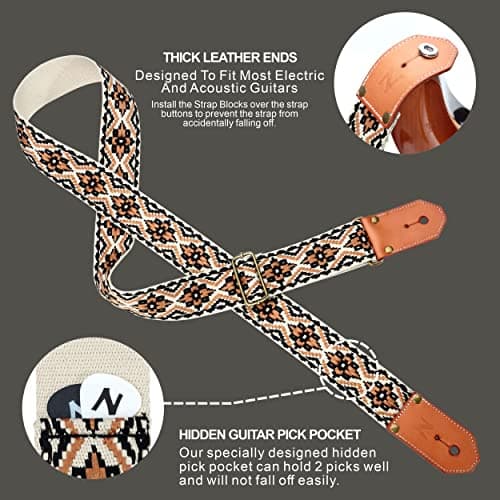 Cool Woven Guitar Strap with Leather Ends for Guitarists (Khaki)