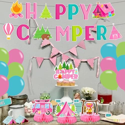 Pink Camping Party Decorations, Happy Birthday Banner & Supplies for Camp-Themed Birthdays