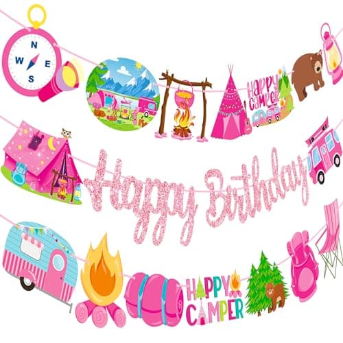 Happy Camper Girls Birthday Party Banners - 2PCS Camping Decorations
