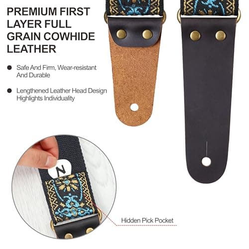 Nefelibata Embroidered Cotton Guitar Strap with Leather Ends, 1 Pair Locks & Picks