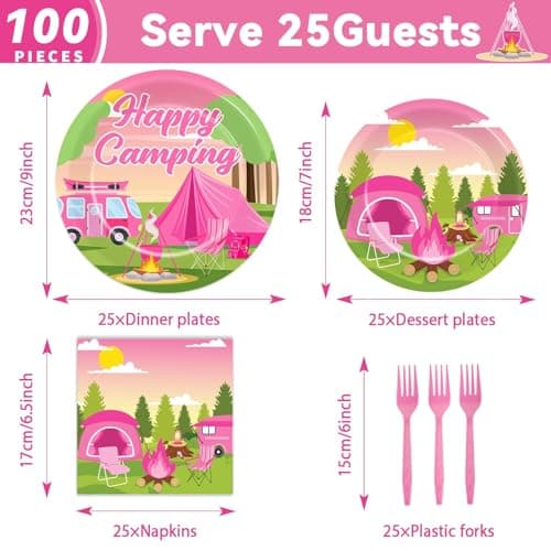 Pink Camping Party Supplies Paper Plates & Napkins - Serves 25