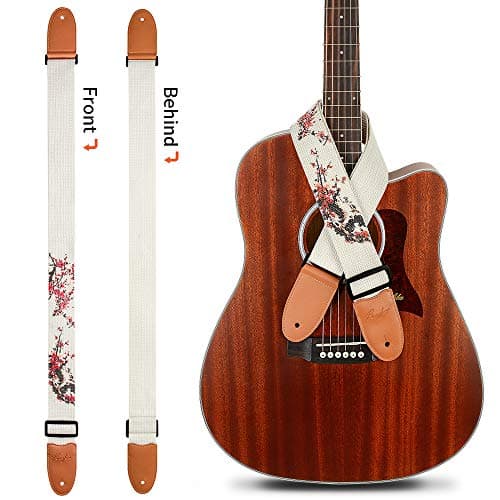 Embroidered Acoustic Guitar Strap with Real Leather Ends & Button Lock for Electric & Bass Guitars
