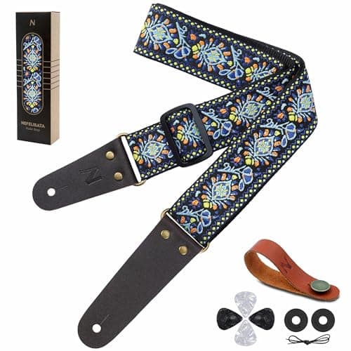 Nefelibata Guitar Strap with Hidden Pocket for Bass, Electric, and Acoustic Guitars — Blue Flowers