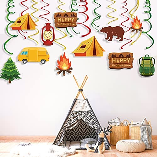 30CT Camping Swirl Party Decorations, Happy Camper Foil Swirls for birthdays & baby showers