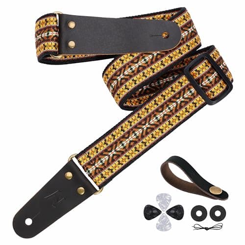 Embroidered Guitar Strap with Leather Ends & Pocket, for Bass & Electric Guitars — Yellow Arrow