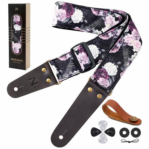 Vintage Embroidered Nefelibata Guitar Strap with Cowhide Ends, 1 Pair Locks & Picks — Purple Roses
