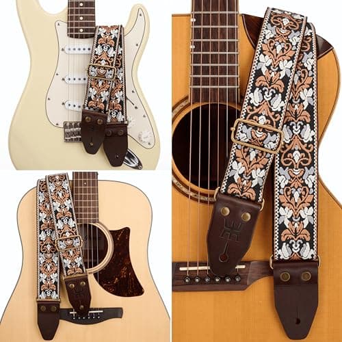Amumu Black Brown Spade Heart Embroidery Vintage Guitar Strap