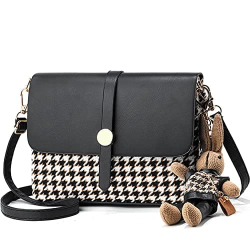 RTGGSEL Quilted Lattice Shoulder Bag for Women with Bunny Pendant — Houndstooth Black