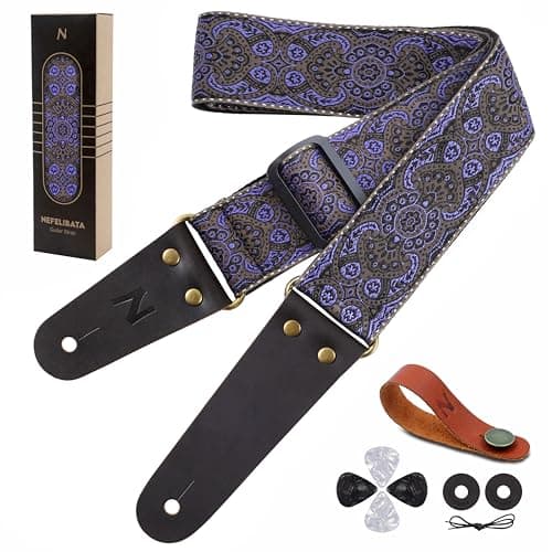 Vintage Embroidered Cotton Guitar Strap Set with Leather Ends for Bass, Electric & Acoustic Guitars - for Music Lovers