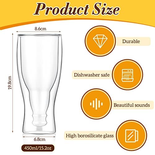 15.5 Oz Double Wall Insulated Beer Glass - Freezable Clear Pub Mug for Beer Lovers