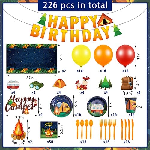 Camping Party Supplies: Paper Plates, Banner, Cupcake Toppers, Tablecloth, Centerpiece, Balloons