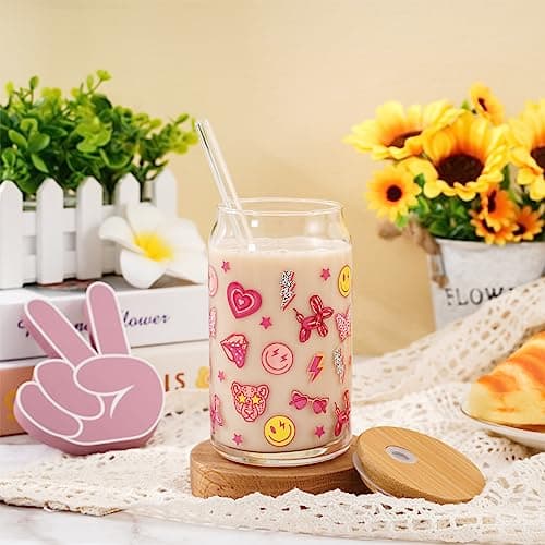 Preppy Glass Beer Can Glasses Set for Iced Coffee and Cocktails- 16oz with Accessories