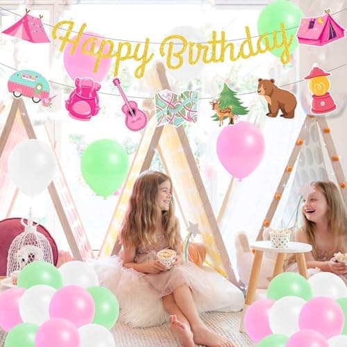 Pink Camping Birthday Banner for Girls - Happy Camper Adventure Supplies