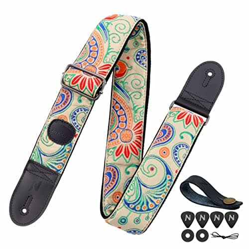 Thicker Woven Guitar Strap with Pick Pocket for Bass, Electric and Acoustic Guitars — Yellow With Flowers